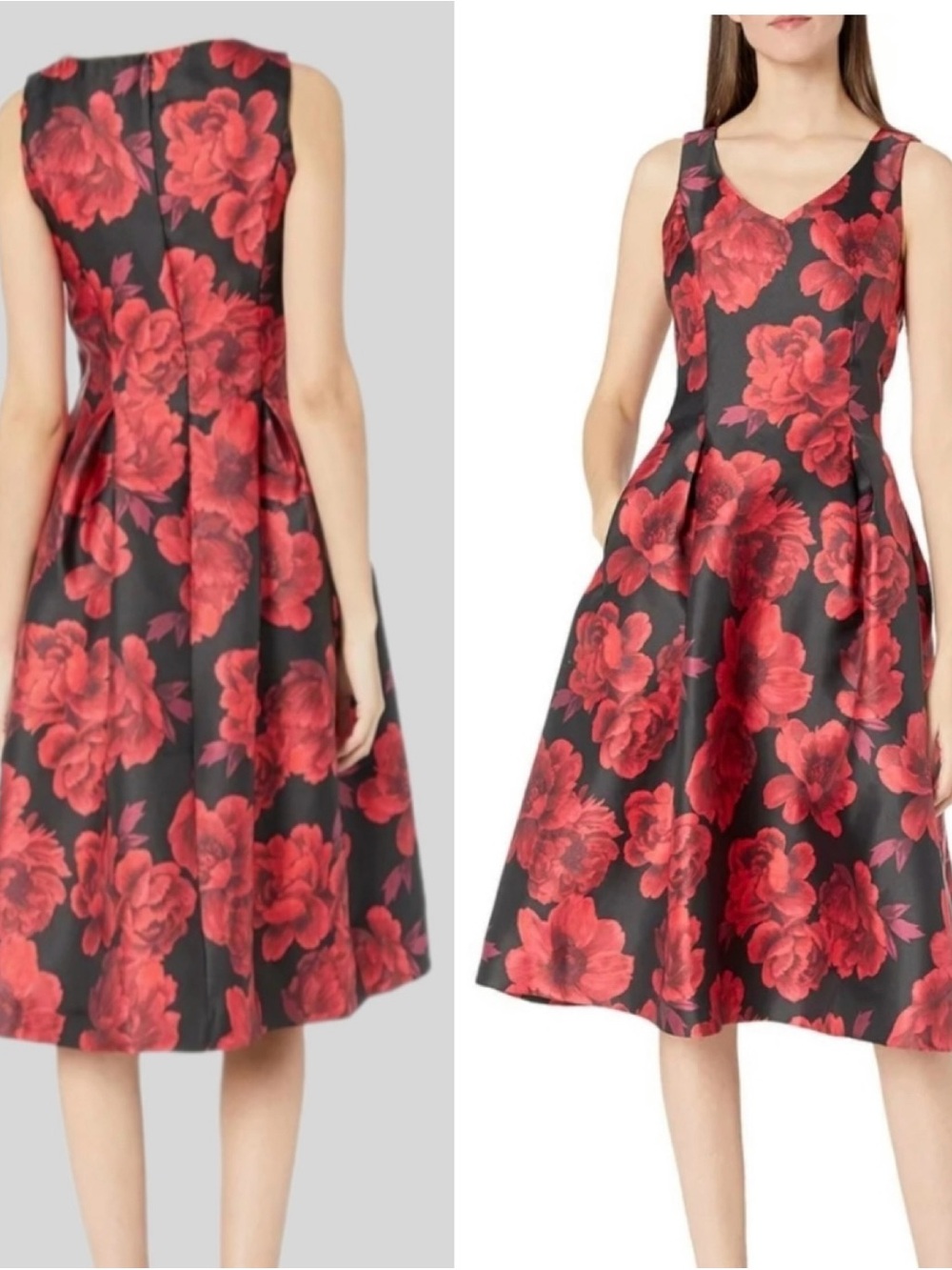 Tahari ASL Women's Floral Mikado Fit and Flare Dress Red Black Floral Size 6